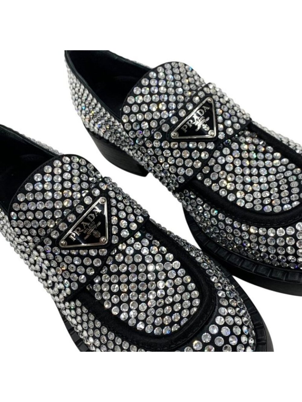Prada Loafers Leather Shoes Satin Black Crystal Rhinestone Logo Plate - Picture 10 of 11